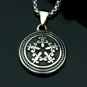 Gothic cross flower stainless steel pendant with embossed iris motif and box chain