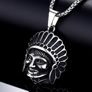 Vintage stainless steel Indian chief pendant necklace with detailed feather headdress