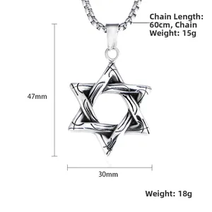 Herren Punk Edelstahl Hexagramm Anhänger Halskette mit Vintage Textur und 60cm Kette