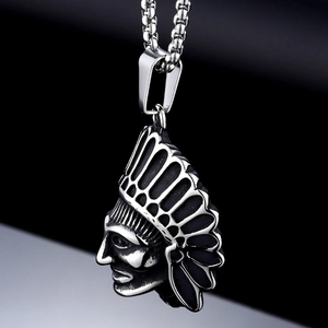 Retro stainless steel Indian chief head pendant necklace with vintage silver finish