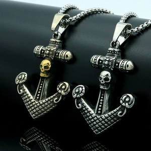 Retro Punk Skull Anchor Cross Pendant Necklace Men Gothic Titanium Steel Distressed Jewelry Pendant With Round Box Chain