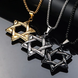 Herren Edelstahl Hexagramm Anhänger Halskette Punk Street Davidsstern Charm Gold Silber Schwarz Boxkette Religiöser Schmuck