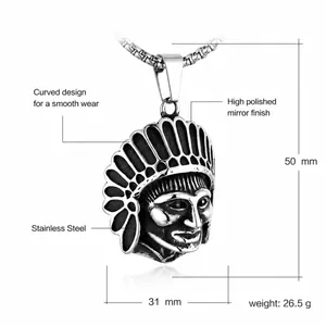 Retro stainless steel Indian chief pendant necklace with dimensions and high polished finish