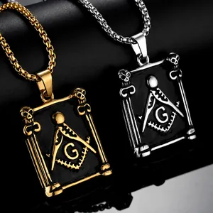 Vintage Masonic Skull Pendant Necklace For Men Titanium Steel G Letter Compass Square Gothic Punk Jewelry Necklaces