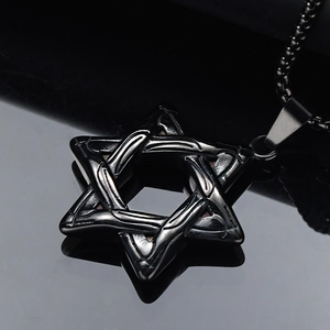 Herren Punk Halskette aus schwarzem Edelstahl mit Hexagramm-Anhänger und Perlenkette