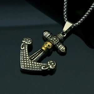 Retro stainless steel anchor pendant with cross skull on a black reflective background