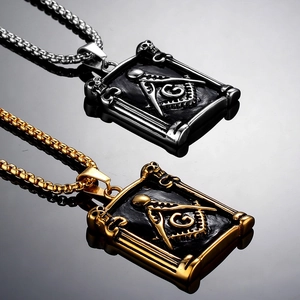 Freemasonry rectangle pendant necklaces in gold and silver steel with skull details
