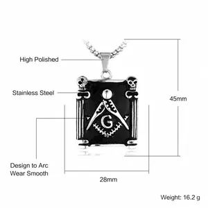 Polished stainless steel rectangular Freemason pendant with skull detail and G symbol