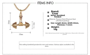 Detail showing dimensions of golden dumbbell pendant in titanium steel 26x30mm
