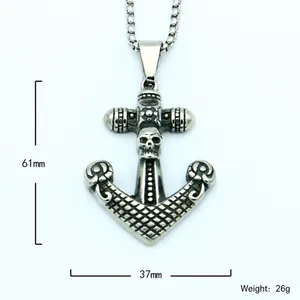 Retro stainless steel anchor and skull pendant necklace with gothic distressed finish