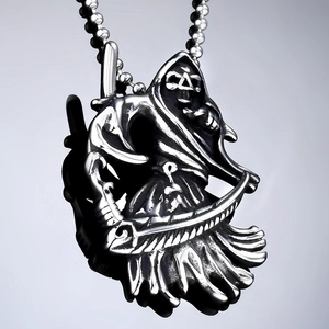 Gothic Grim Reaper skull pendant in vintage stainless steel with long scythe detail