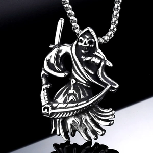 Gothic Grim Reaper scythe pendant in stainless steel with classic square box chain link