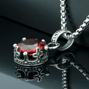 Gothic crown pendant necklace with round red gemstone and stainless steel box chain