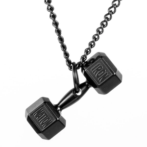 Colgante de mancuerna negro mate con grabado Iron Nation y cadena de cuerda negra