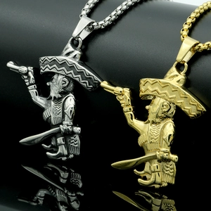 Hip Hop Mexican Bandito Pirate Pendant Necklace Titanium Stainless Steel Vintage Figure With Gun Sword Men Jewelry Accessory