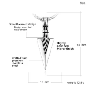 Polished stainless steel arrow pendant necklace with detailed dimensions and 55mm height