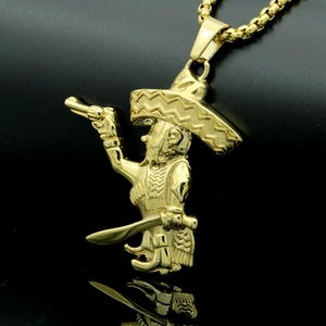 Golden Mexican pirate pendant necklace with revolver and machete on a box chain