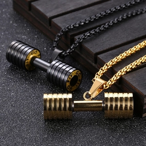Collier Pendentif Haltère de Fitness en Acier Inoxydable pour Hommes Bijoux Sportifs Polis avec Gravure GO FIT