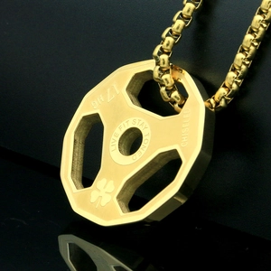 Octagonal dumbbell plate pendant necklace in gold stainless steel with Live Fit engraving