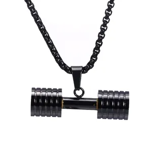 Collier pendentif haltère noir en acier inoxydable pour homme au design fitness épuré