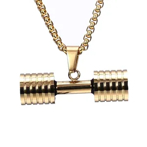 Collier avec pendentif haltère en acier inoxydable doré poli pour homme fitness