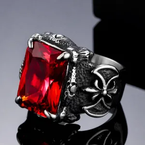 Vintage Stainless Steel Men Ring Large Rectangle Rhinestone Gothic Punk Dragon Claw Cross Design Band Jewelry Finger Ring