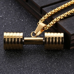Collier avec pendentif haltère doré pour homme en acier inoxydable aux détails texturés
