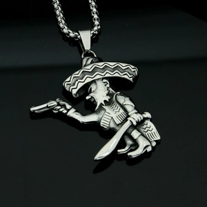 Detailed view of stainless steel Mexican pirate pendant with revolver and saber