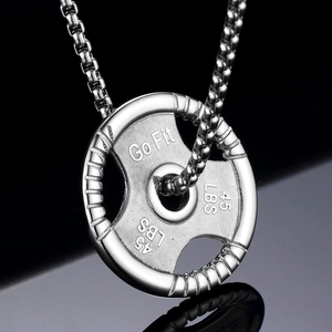 Titanium steel fitness necklace featuring a silver barbell pendant with Go Fit engraving
