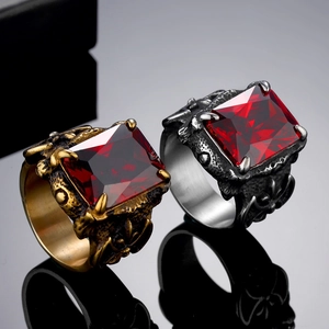 Retro Viking titanium steel ring with red square gemstone and eagle claw setting