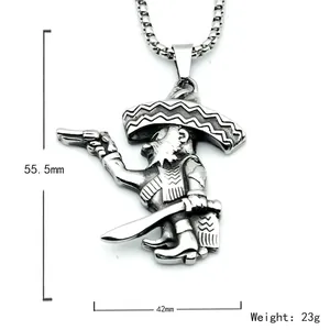 Men's hip hop silver pistol pirate necklace with long chain in stainless steel