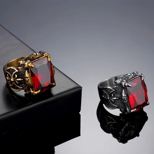 Vintage Viking warrior signet ring with red gemstone and cross carvings for men