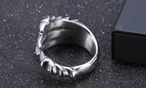 Detailed view of silver stainless steel dragon claw ring with intricate gothic textures