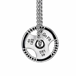 Polished titanium steel necklace with 45lbs barbell weight plate pendant on box chain