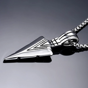 Polished stainless steel arrowhead pendant necklace with geometric lines on box chain