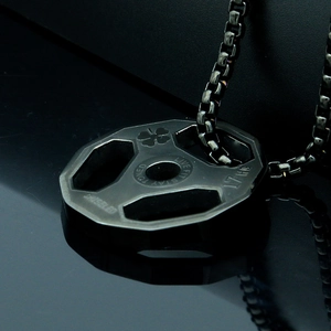 Men's barbell weight plate pendant necklace in brushed gunmetal steel with box chain