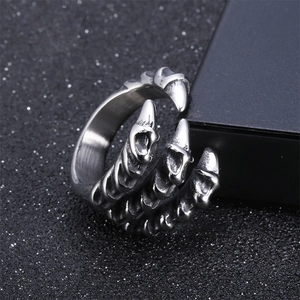 Gothic dragon claw stainless steel open ring with antique finish and scale details