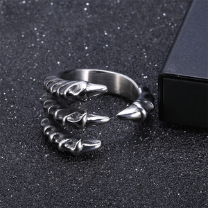 Vintage silver dragon claw open ring in punk style with realistic scale texture for men