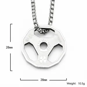 Barbell weight plate fitness necklace in stainless steel with Live Fit Stay Toned engraving