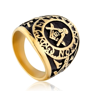 Men's gold and black Freemason signet ring with square and compasses symbol