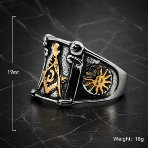 Anello massonico vintage bicolore in acciaio inossidabile con motivo del sole da uomo