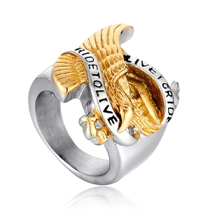 Two-tone stainless steel eagle ring featuring Ride to Live Live to Ride engravings