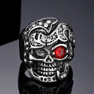 Gothic Skull Ring Stainless Steel Red Zircon Eye Punk Rock Biker Ring For Men Vintage Silver Tone Rhinestone Jewelry