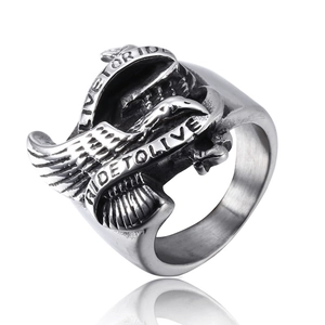 Retro eagle relief ring in antique silver finish with Live to Ride slogan