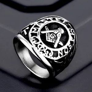 Men's Stainless Steel Masonic Ring Retro Master Mason Compass Square Signet Ring Hip Hop Punk Religious Finger Jewelry