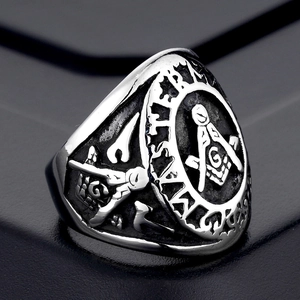 Vintage steel Master Mason ring for men with Freemasonry symbol and G engraving