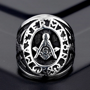 Vintage stainless steel Freemason Master Mason ring with square and compass logo