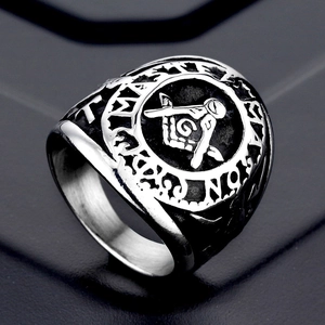 Retro stainless steel Freemasonry signet ring for men with vintage engraved hip-hop details
