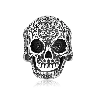 Anello teschio punk gotico in acciaio inossidabile vintage con incisioni floreali