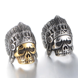 Vintage Indian Chief Skull Ring Stainless Steel Punk Gothic Warrior Headdress Ring Retro Hip Hop Biker Finger Jewelry
